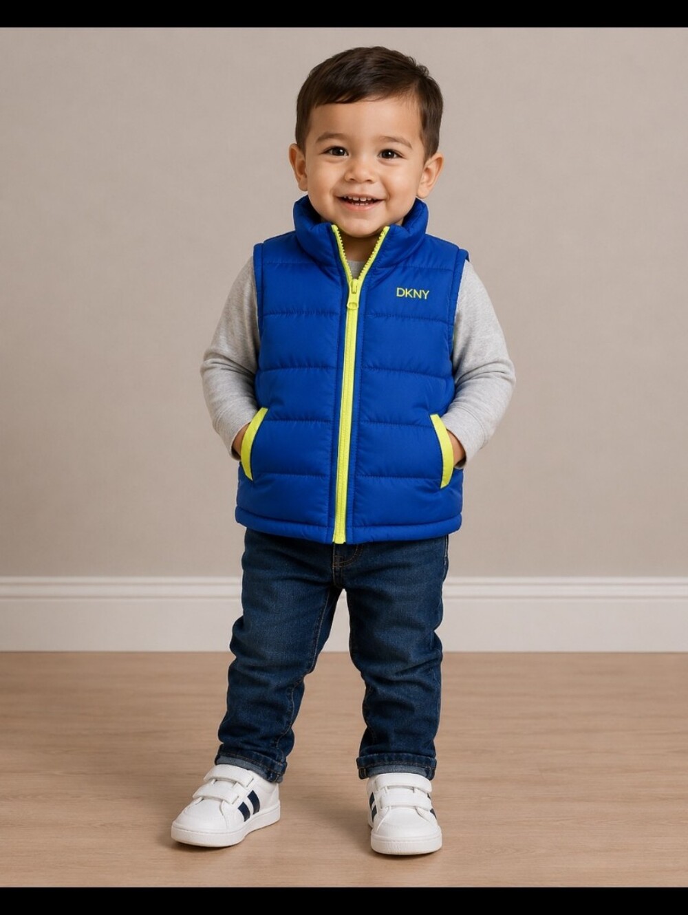 DKNY Blue Puffer Jacket with Stand-Up Collar